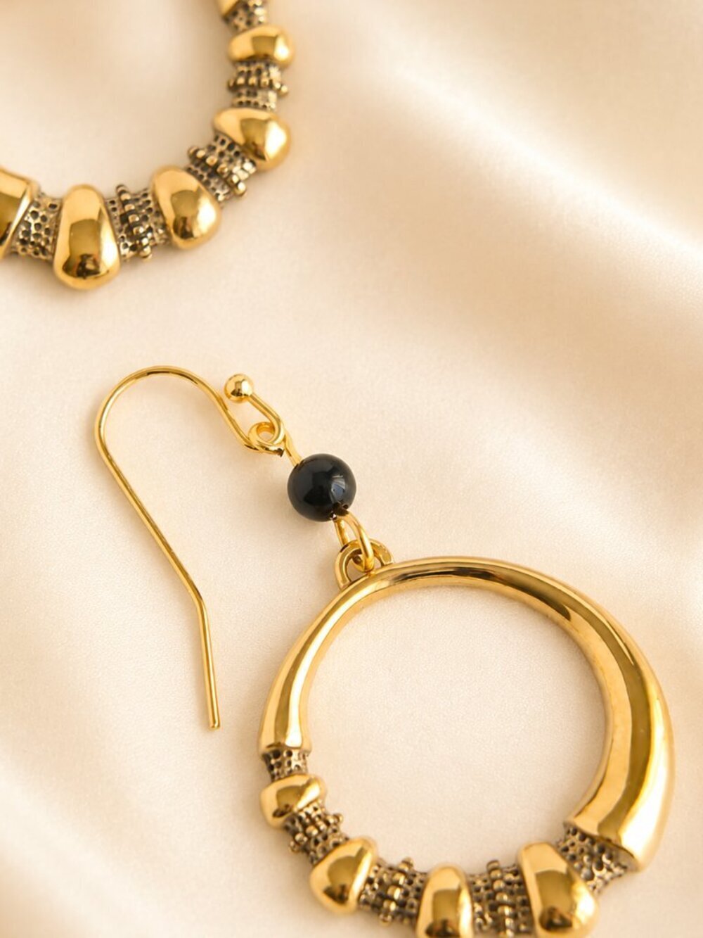 Gold Hoop Earrings With Onyx Detail Stainless Steel Large Dangle - Picture 4 of 6